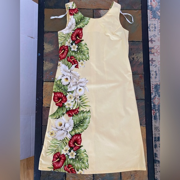 KY's Yellow Tropical Floral Anthurium Orchid Havaiian Midi Tank Dress - Picture 10 of 16